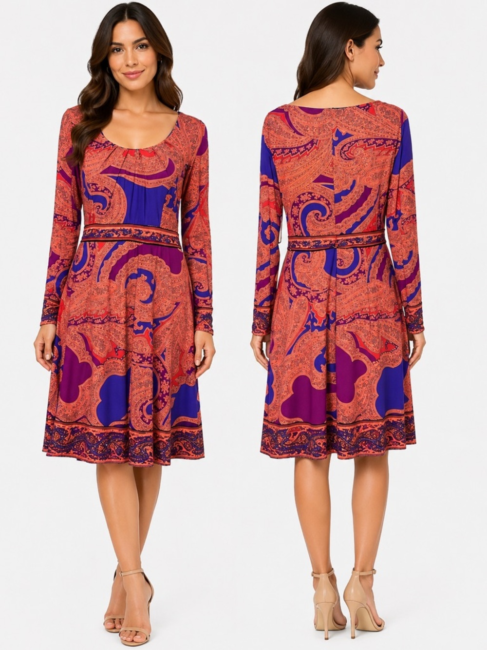 NWT Oleg Cassini L/S Multicolored Paisley Print Scoop Neck Midi Dress Size 12